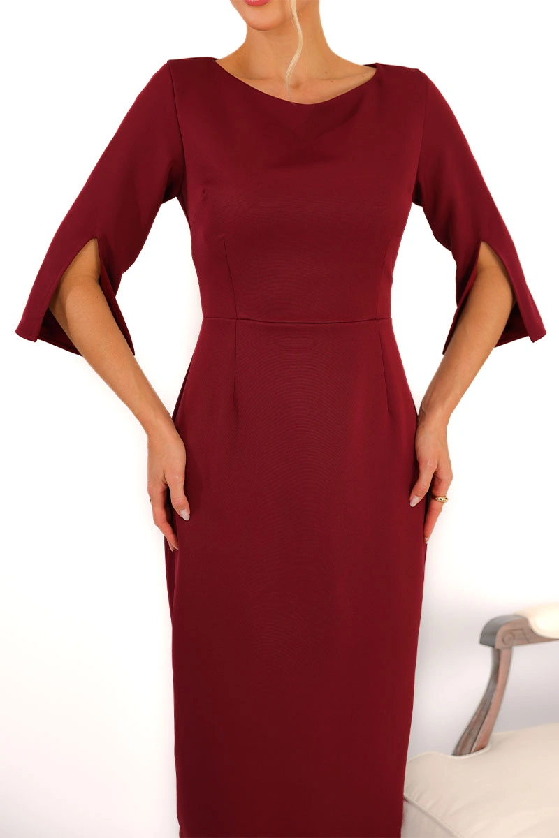Miss Misses - Vestido Midi Angela Manga 3/4 Tubinho Elegante Vinho - 54807006