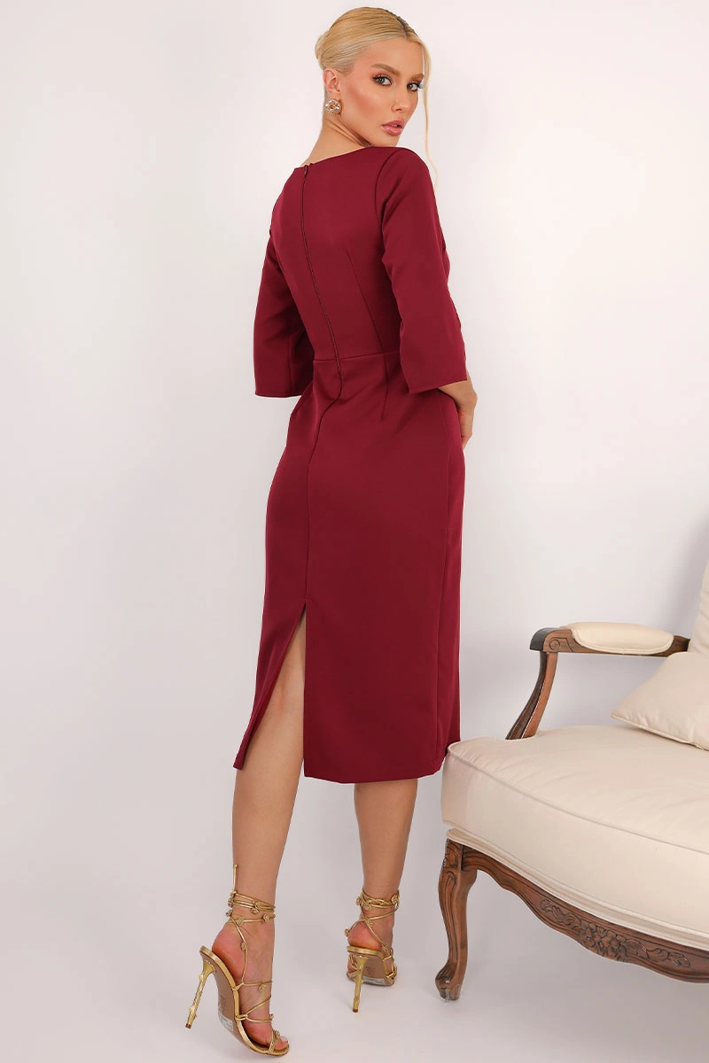 Miss Misses - Vestido Midi Angela Manga 3/4 Tubinho Elegante Vinho - 54807006