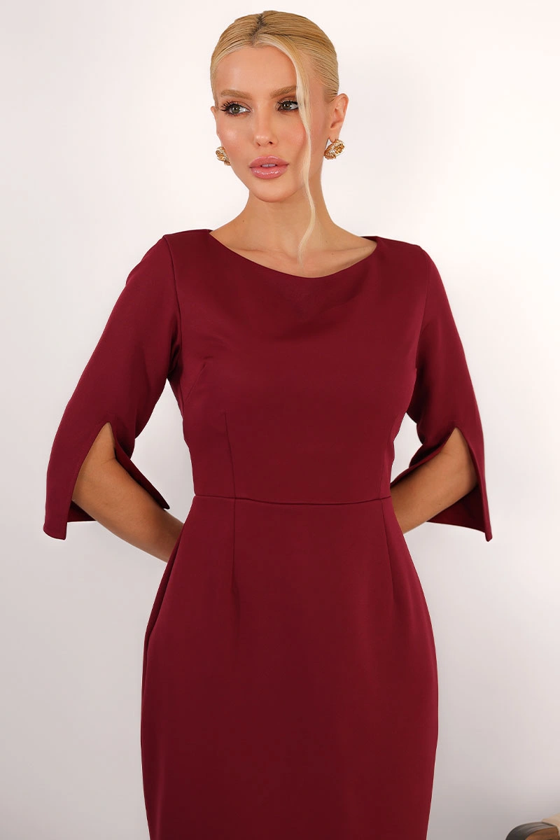 Miss Misses - Vestido Midi Angela Manga 3/4 Tubinho Elegante Vinho - 54807006