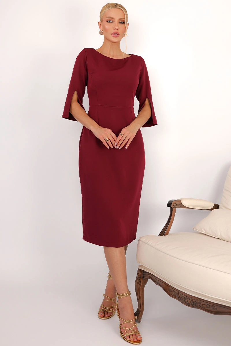 Miss Misses - Vestido Midi Angela Manga 3/4 Tubinho Elegante Vinho - 54807006