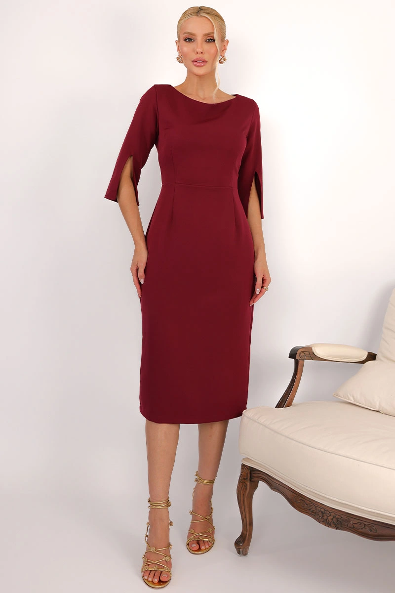 Miss Misses - Vestido Midi Angela Manga 3/4 Tubinho Elegante Vinho - 54807006