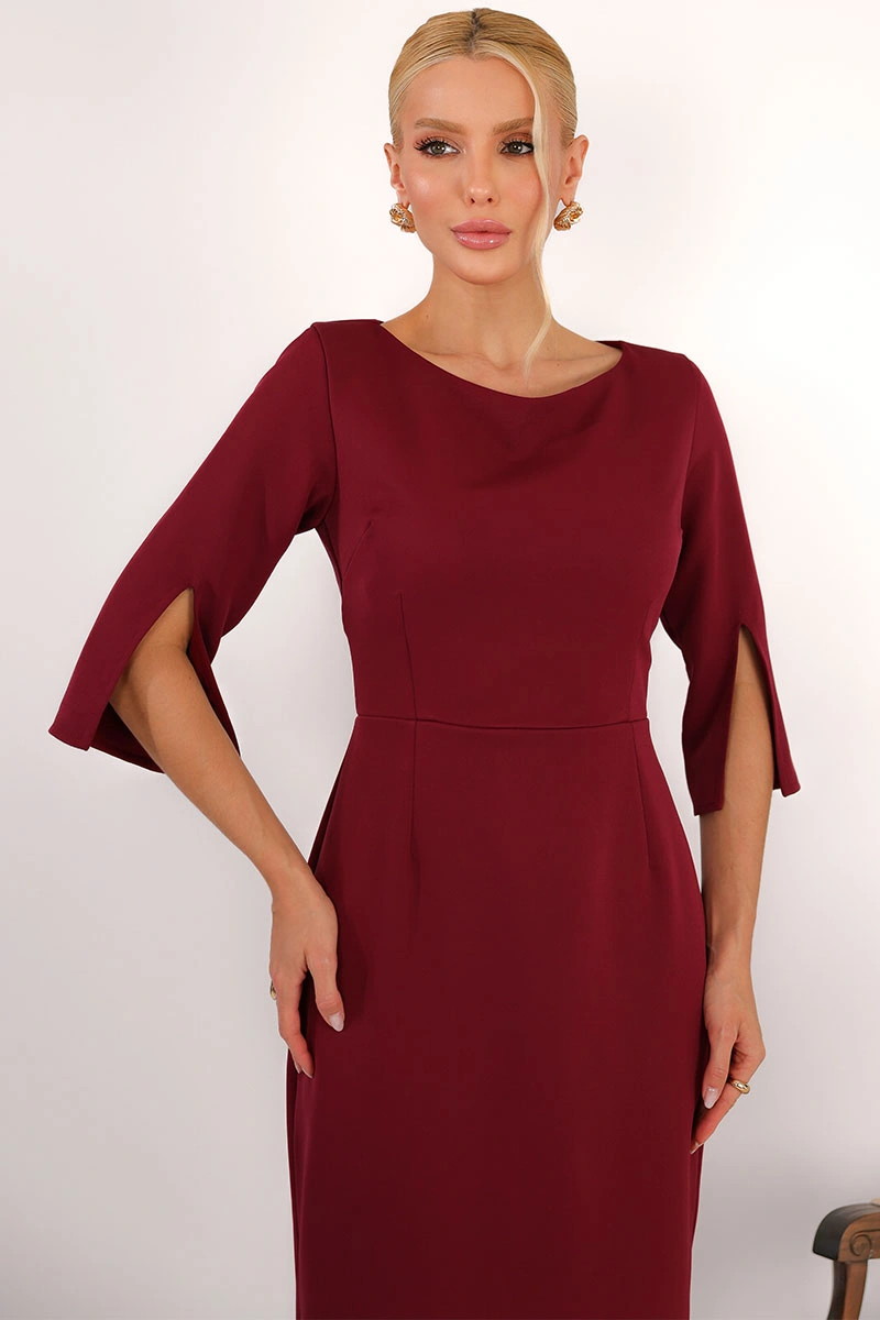 Miss Misses - Vestido Midi Angela Manga 3/4 Tubinho Elegante Vinho - 54807006