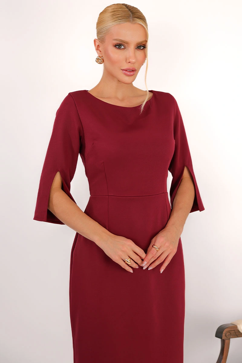 Miss Misses - Vestido Midi Angela Manga 3/4 Tubinho Elegante Vinho - 54807006
