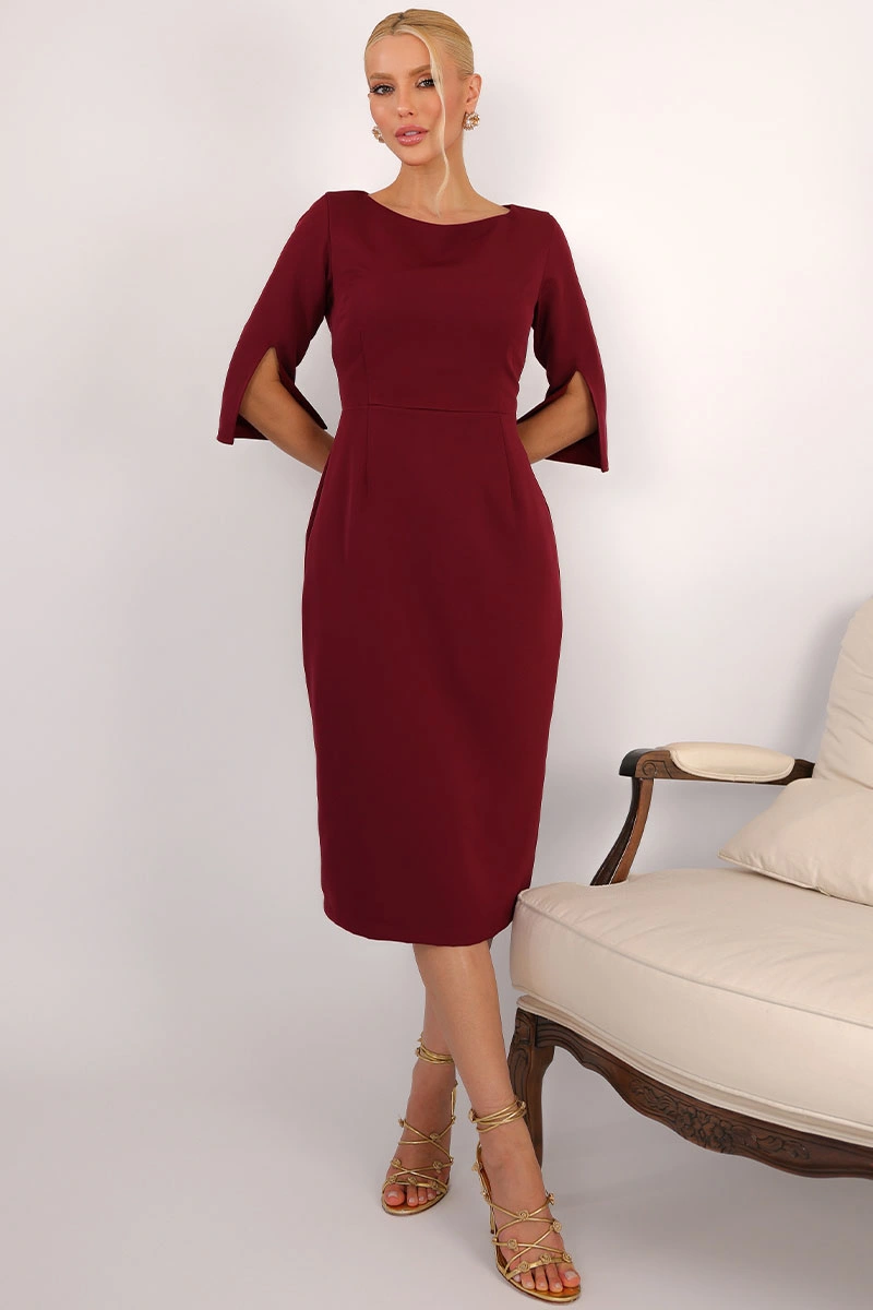 Miss Misses - Vestido Midi Angela Manga 3/4 Tubinho Elegante Vinho - 54807006