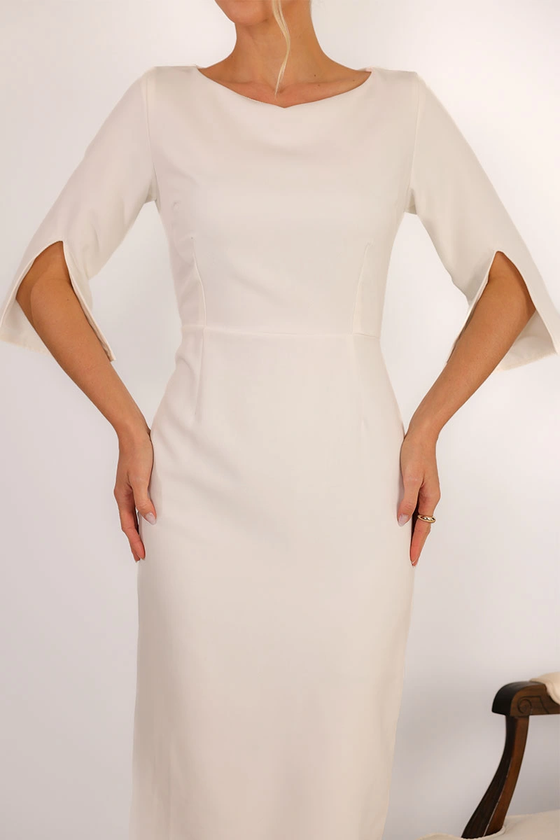 Miss Misses - Vestido Midi Angela Manga 3/4 Tubinho Casamento Civil Off White - 54807030