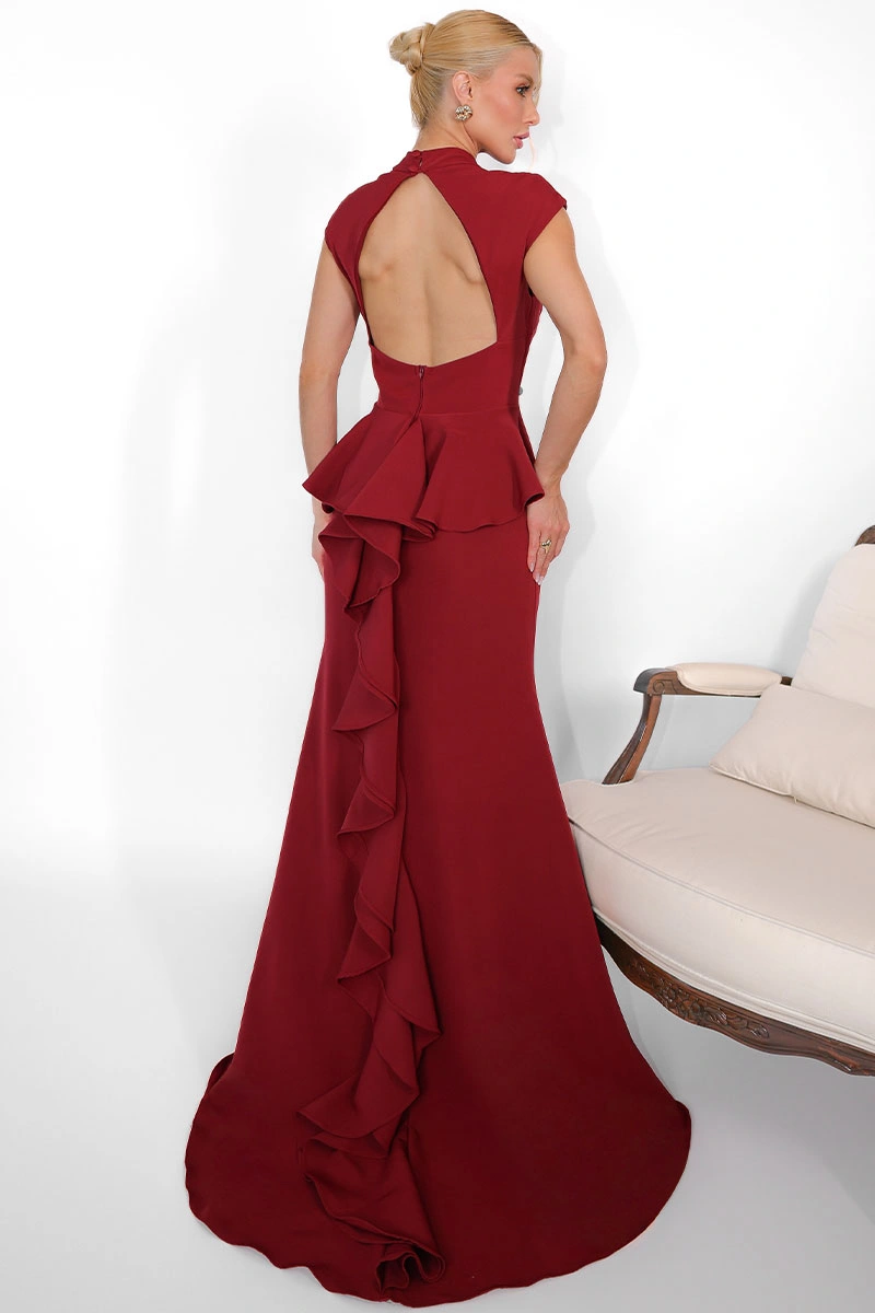 Miss Misses - Vestido Longo Helena Cauda com Babados e Decote Vinho - 80579006