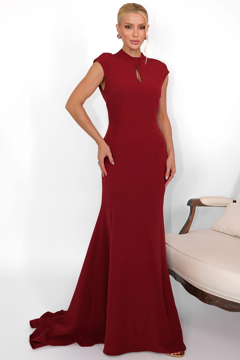 Miss Misses - Vestido Longo Helena Cauda com Babados e Decote Vinho - 80579006