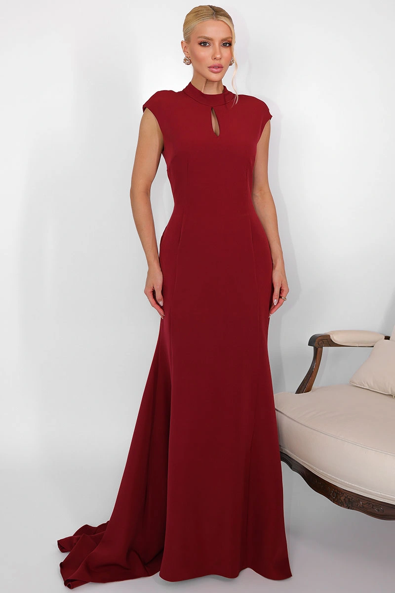 Miss Misses - Vestido Longo Helena Cauda com Babados e Decote Vinho - 80579006