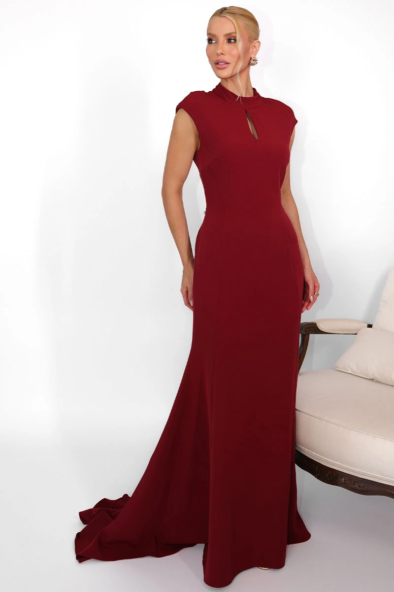 Miss Misses - Vestido Longo Helena Cauda com Babados e Decote Vinho - 80579006