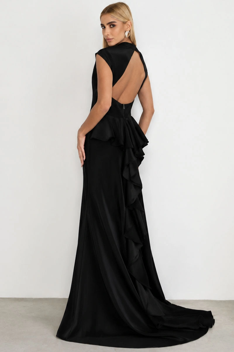 Miss Misses - Vestido Longo Helena Cauda com Babados e Decote Preto - 80579001