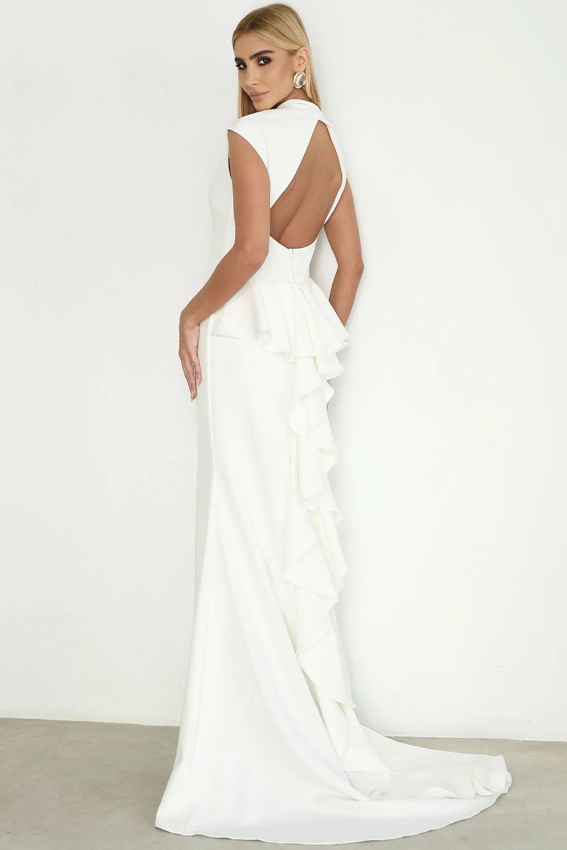 Miss Misses - Vestido Longo Helena Cauda com Babados Casamento Civil Off White - 80579030