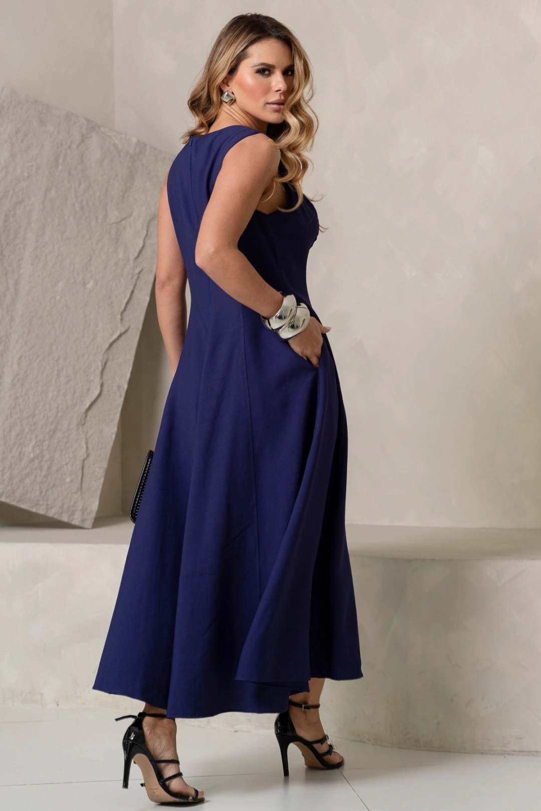 Miss Misses - Vestido Midi Madrid Rodado Regata Azul - 54827004