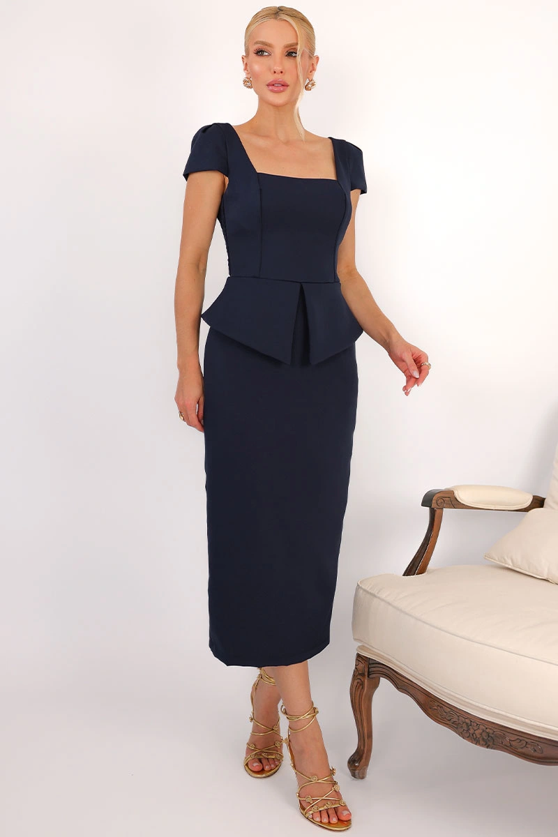 Miss Misses - Vestido Midi Mavie Tubinho Peplum Manga Curta com Lastex Marinho - 54810004