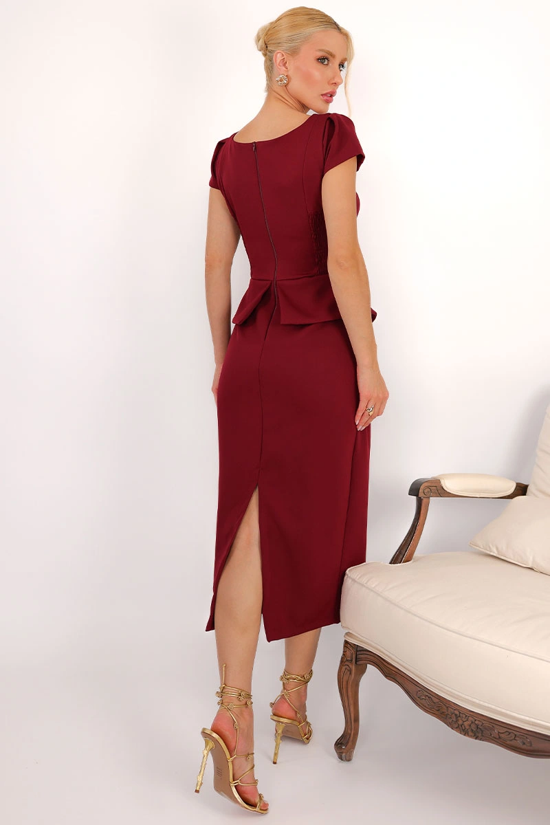Miss Misses - Vestido Midi Mavie Tubinho Peplum Manga Curta com Lastex Vinho - 54810006