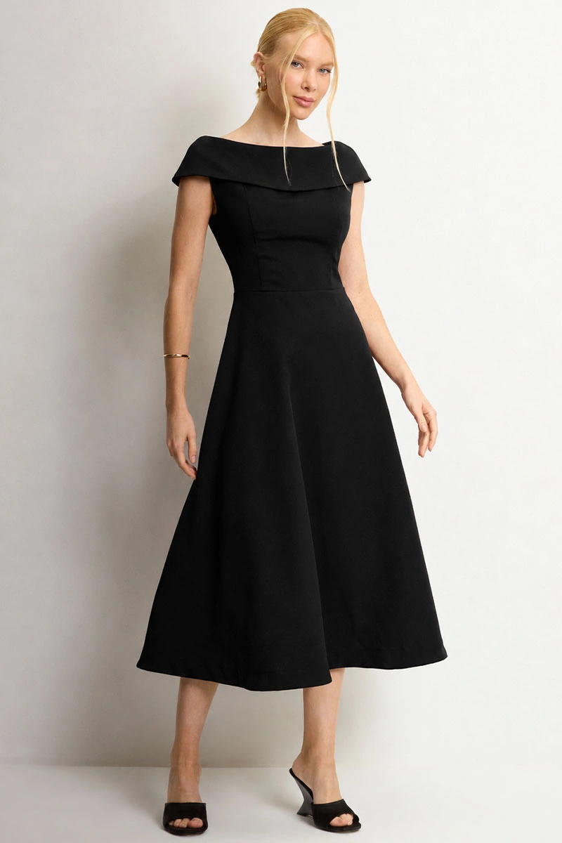 Miss Misses - Vestido Midi Dara Rodado Casamento Civil Ombro a Ombro Preto - 54793001
