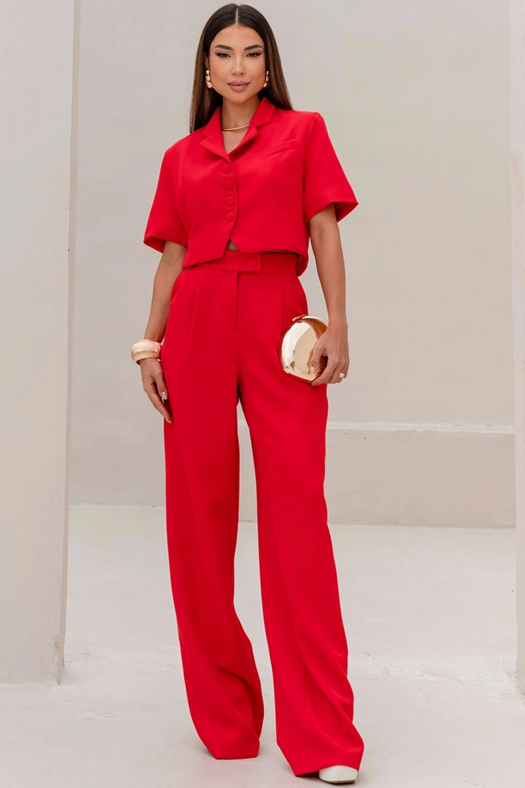 Miss Misses - Conjunto Shirley Blusa e Calça Pantalona com Botões Vermelho - 54833024