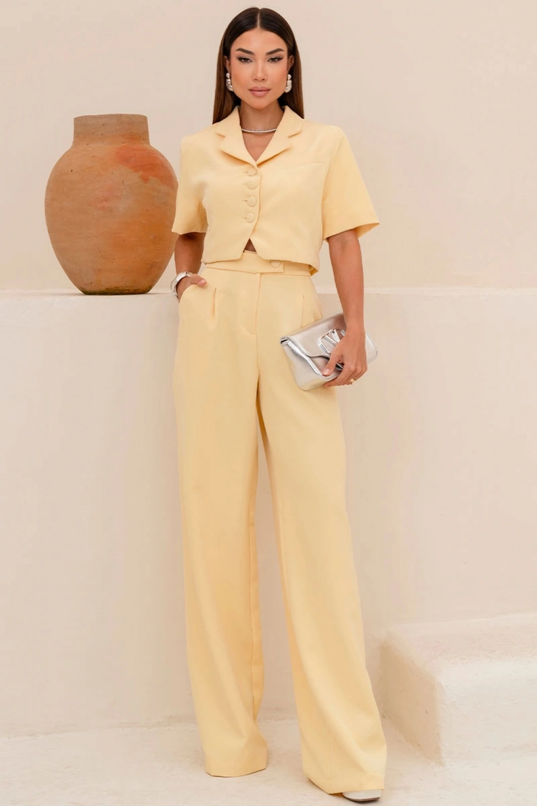 Miss Misses - Conjunto Shirley Blusa e Calça Pantalona com Botões Amarelo - 54833003