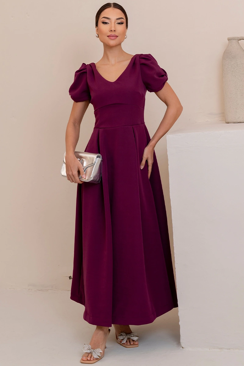 Miss Misses - Vestido Maxi Midi Penelope Manga Curta Vazada com Bolso Vinho - 54813006