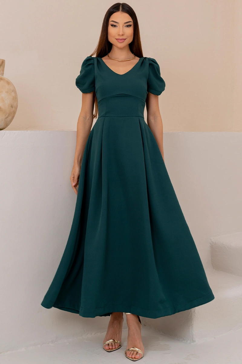 Miss Misses - Vestido Maxi Midi Penelope Manga Curta Vazada com Bolso Verde - 54813023