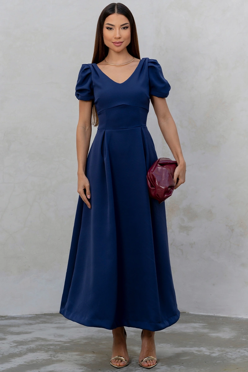 Miss Misses - Vestido Maxi Midi Penelope Manga Curta Vazada com Bolso Marinho - 54813004