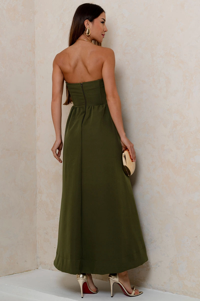 Miss Misses - Vestido Midi Fiorella Corseletado Tomara Que Caia Rodado Verde Musgo - 54806038