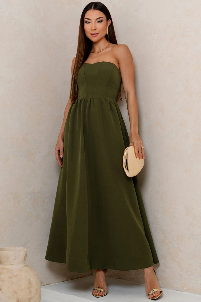 Miss Misses - Vestido Midi Fiorella Corseletado Tomara Que Caia Rodado Verde Musgo - 54806038