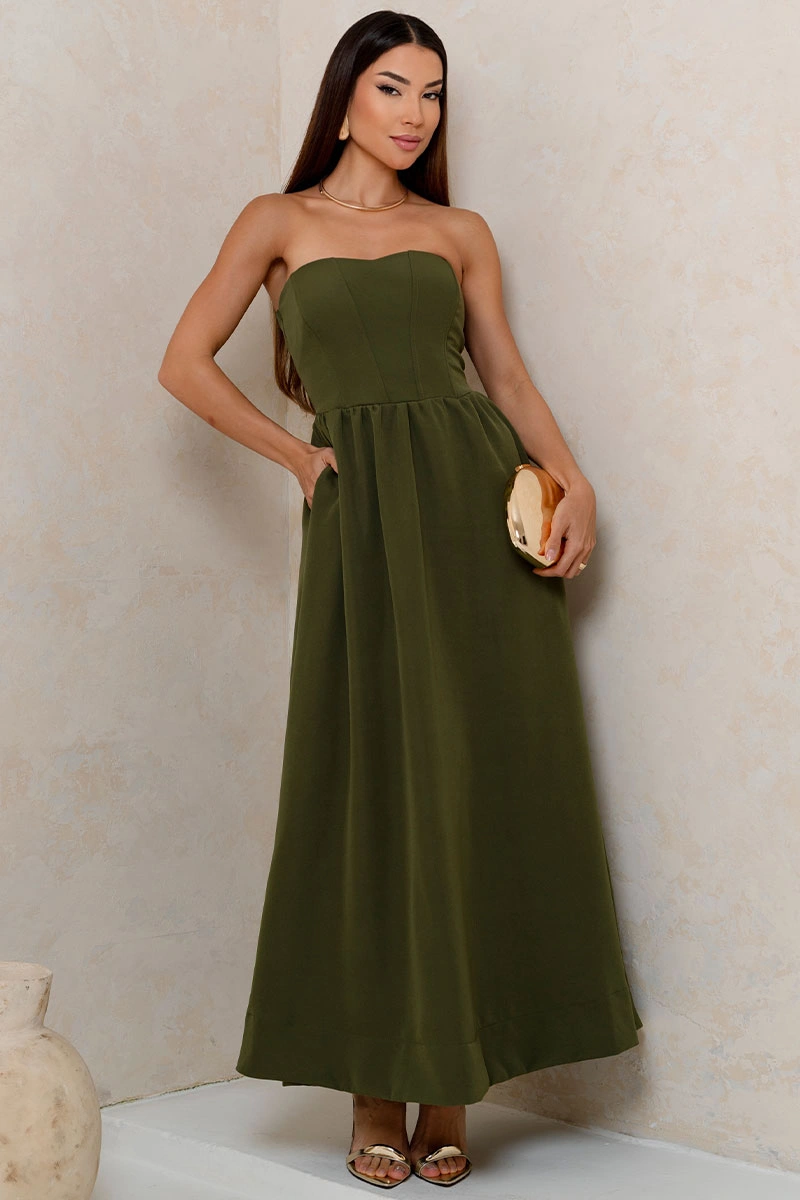 Miss Misses - Vestido Midi Fiorella Corseletado Tomara Que Caia Rodado Verde Musgo - 54806038