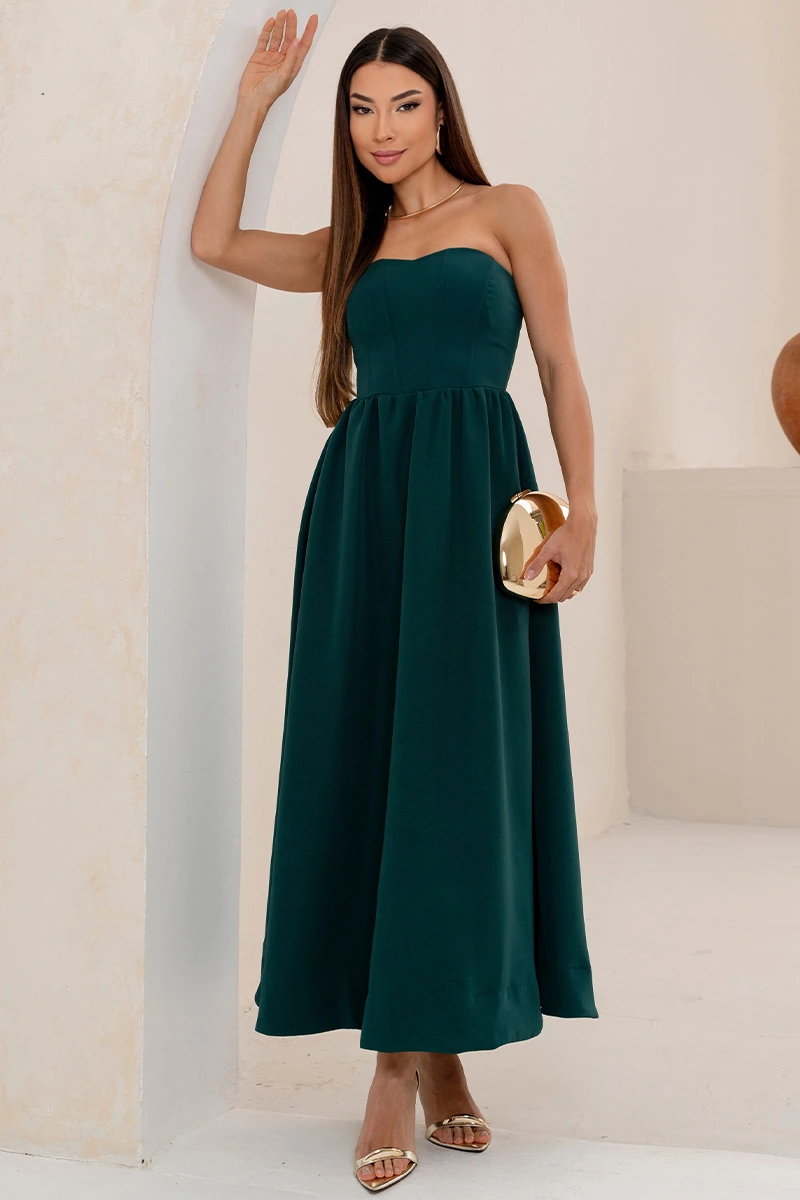 Miss Misses - Vestido Midi Fiorella Corseletado Tomara Que Caia Rodado Verde - 54806023