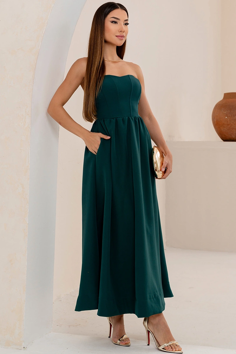 Miss Misses - Vestido Midi Fiorella Corseletado Tomara Que Caia Rodado Verde - 54806023
