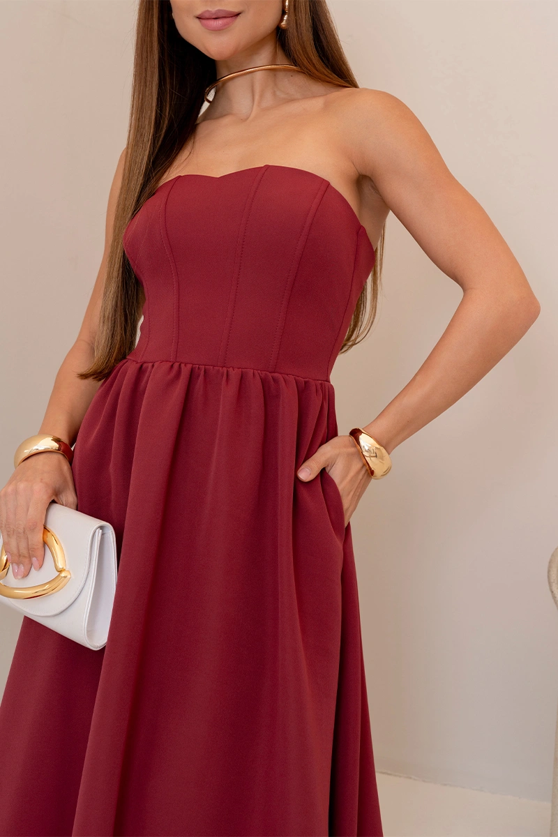 Miss Misses - Vestido Midi Fiorella Corseletado Tomara Que Caia Rodado Vinho - 54806006