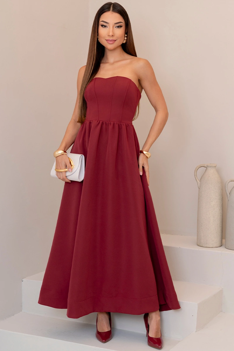 Miss Misses - Vestido Midi Fiorella Corseletado Tomara Que Caia Rodado Vinho - 54806006