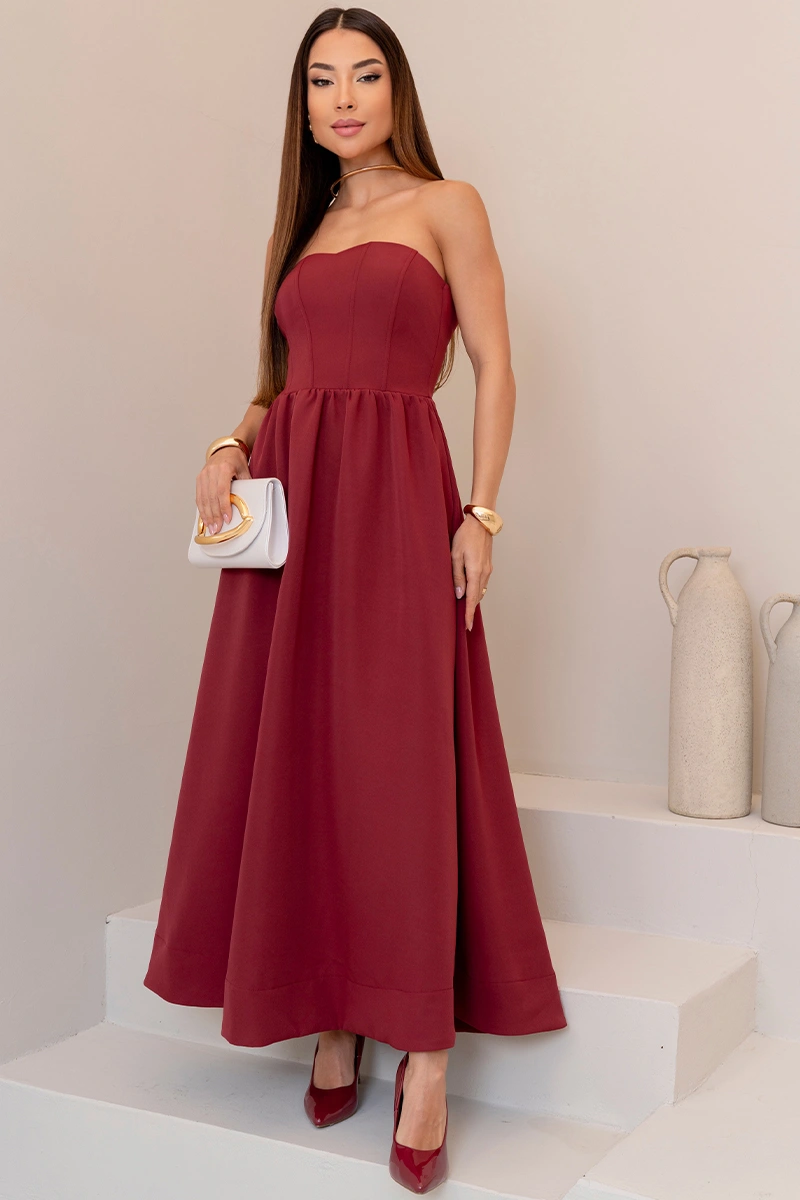 Miss Misses - Vestido Midi Fiorella Corseletado Tomara Que Caia Rodado Vinho - 54806006