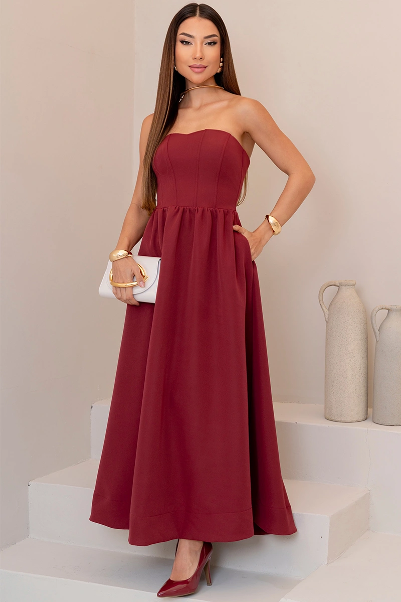 Miss Misses - Vestido Midi Fiorella Corseletado Tomara Que Caia Rodado Vinho - 54806006