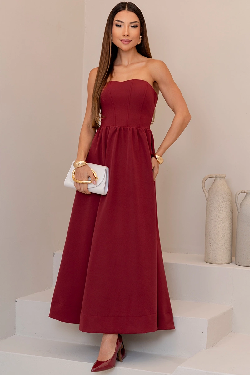 Miss Misses - Vestido Midi Fiorella Corseletado Tomara Que Caia Rodado Vinho - 54806006