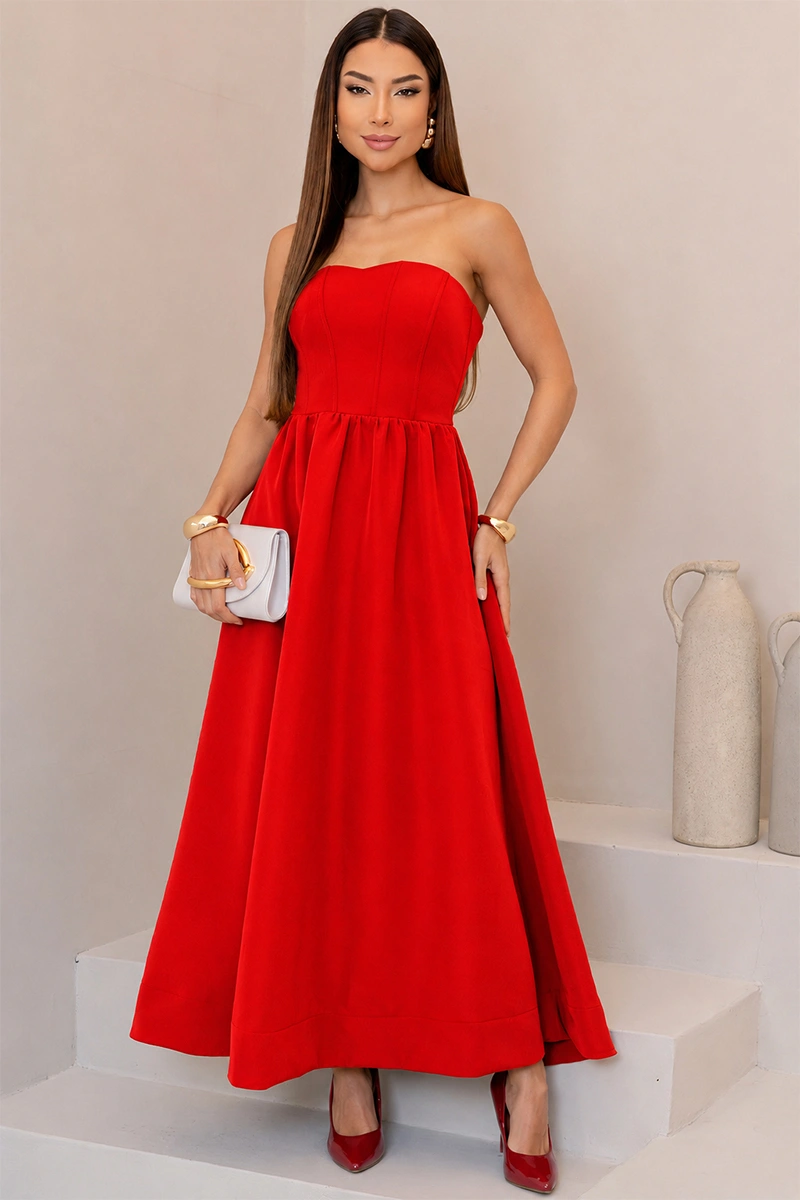 Miss Misses - Vestido Midi Fiorella Corseletado Tomara Que Caia Rodado Vermelho - 54806024