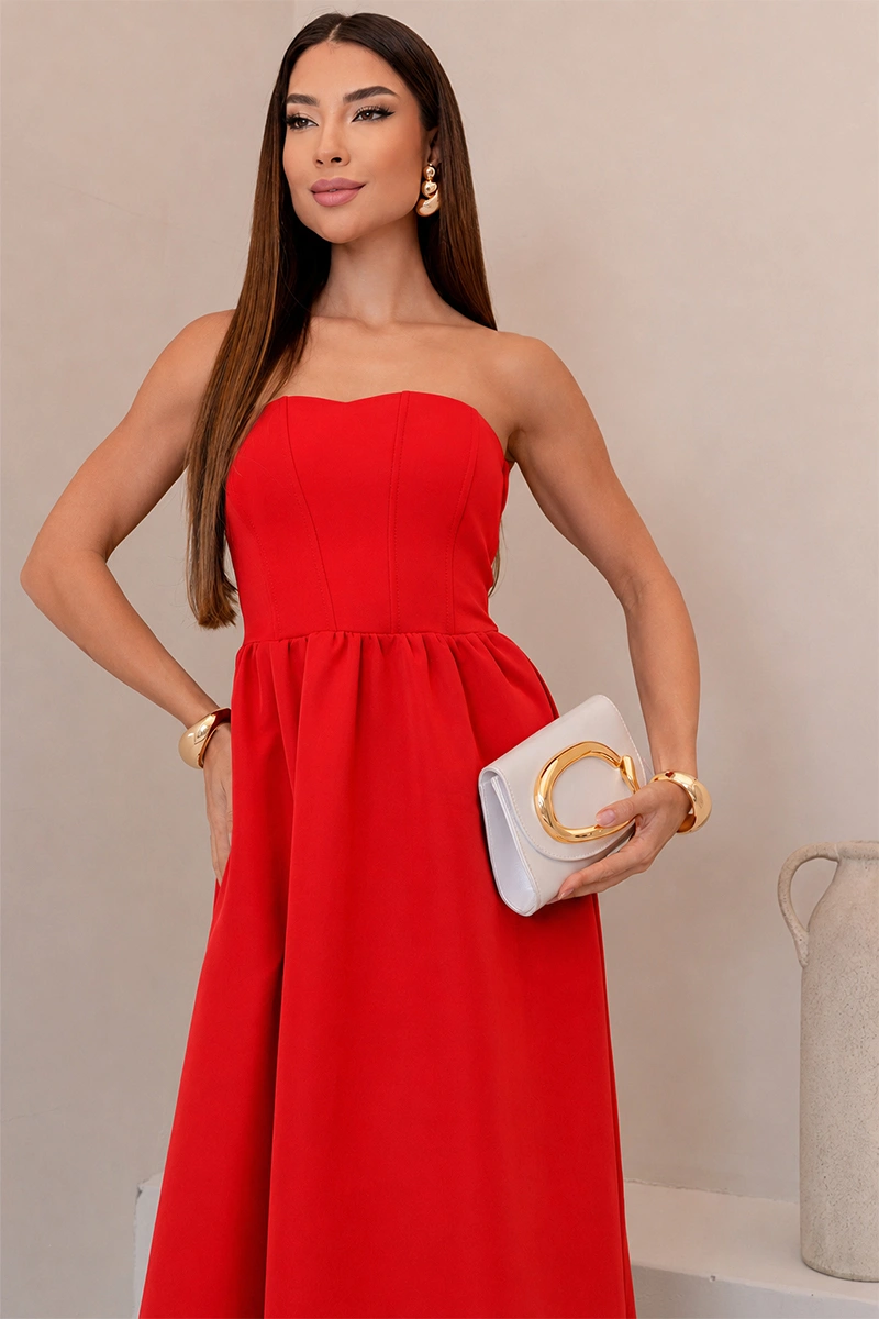 Miss Misses - Vestido Midi Fiorella Corseletado Tomara Que Caia Rodado Vermelho - 54806024