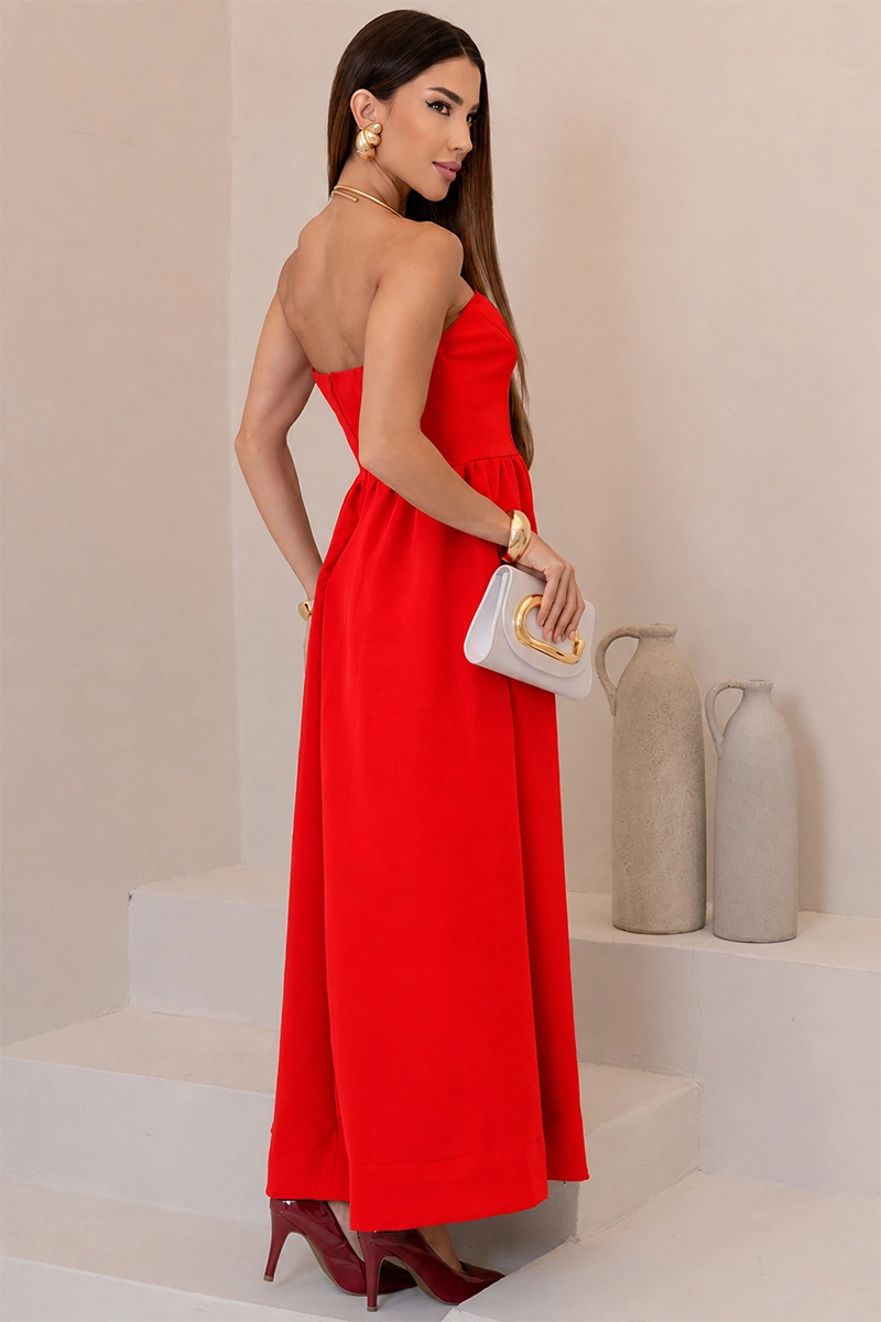 Miss Misses - Vestido Midi Fiorella Corseletado Tomara Que Caia Rodado Vermelho - 54806024