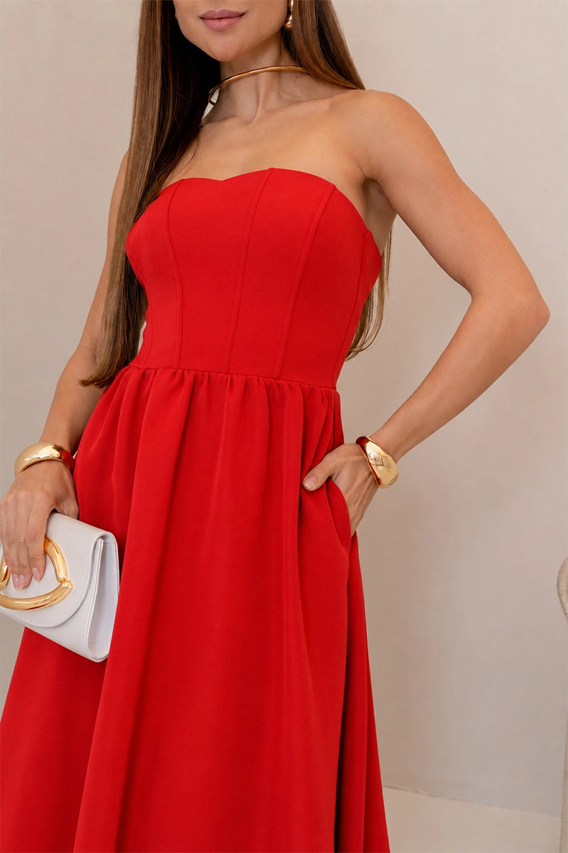 Miss Misses - Vestido Midi Fiorella Corseletado Tomara Que Caia Rodado Vermelho - 54806024