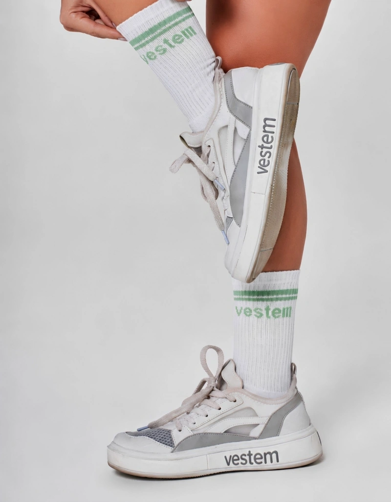 Vestem - Meia Cano Longo Fem. Vestem Branco e Verde Etero - MEI20.C0363