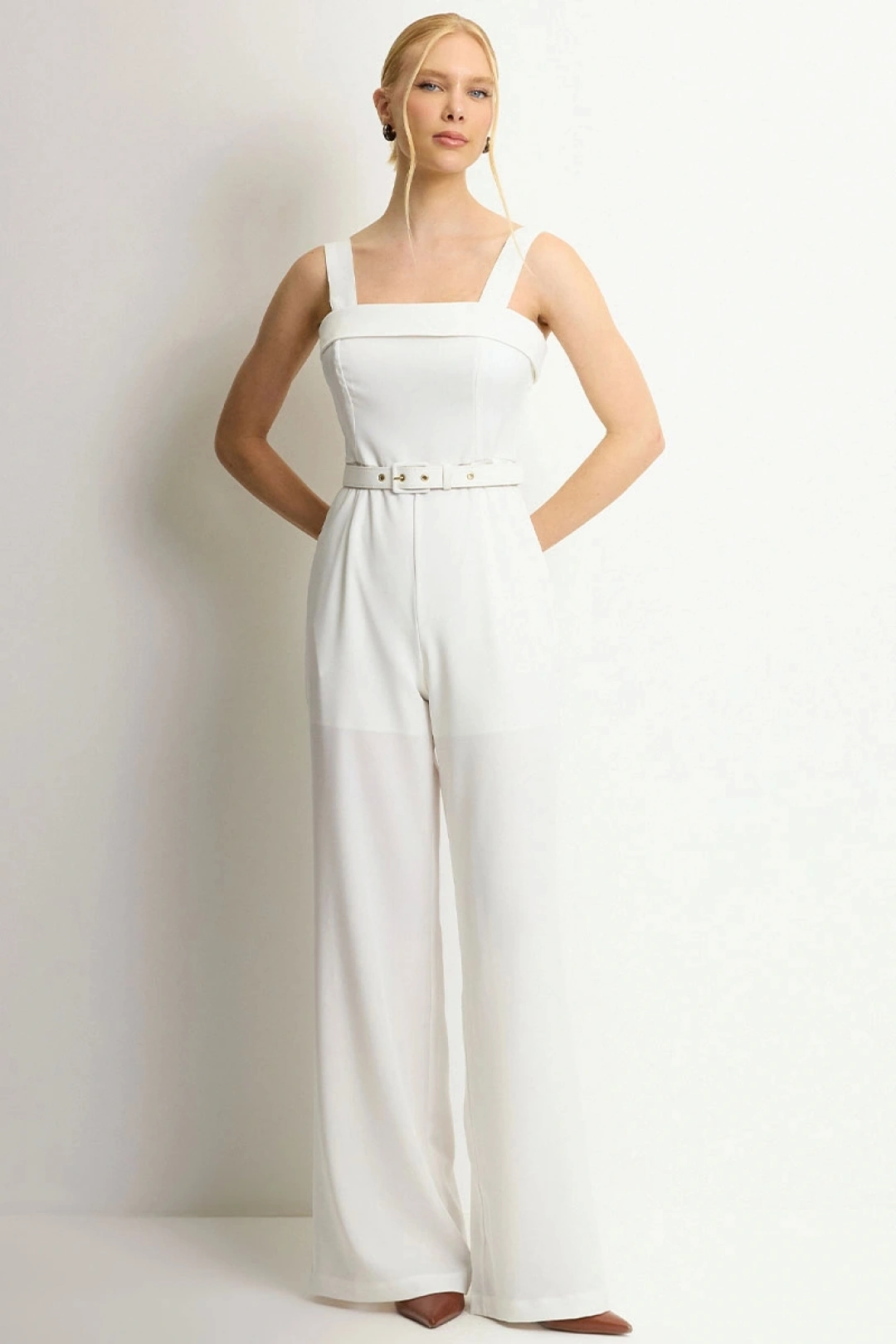 Miss Misses - Macacão Wide Leg Kesia Alfaiataria Com Cinto Off White - 54634030