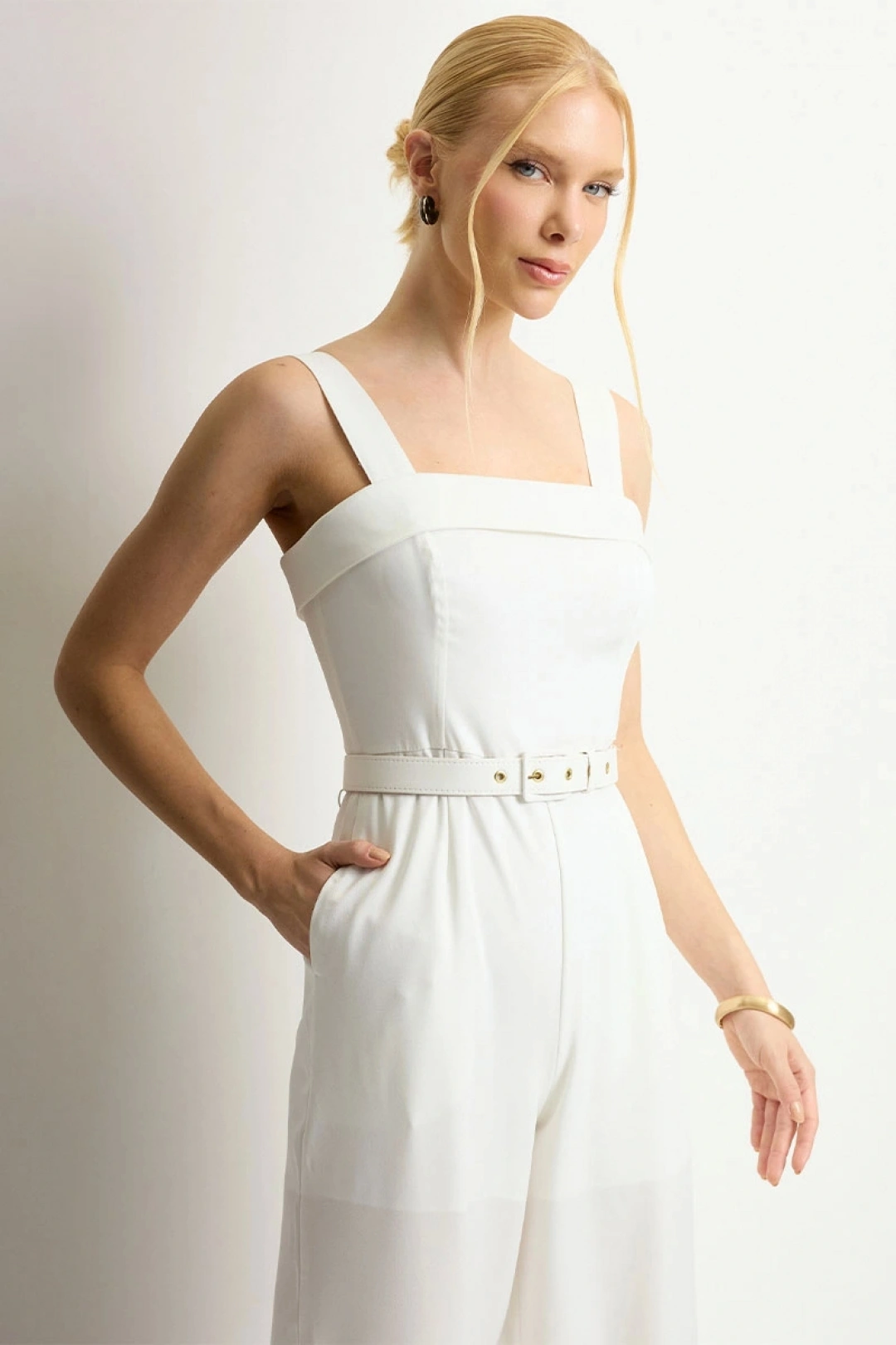 Miss Misses - Macacão Wide Leg Kesia Alfaiataria Com Cinto Off White - 54634030
