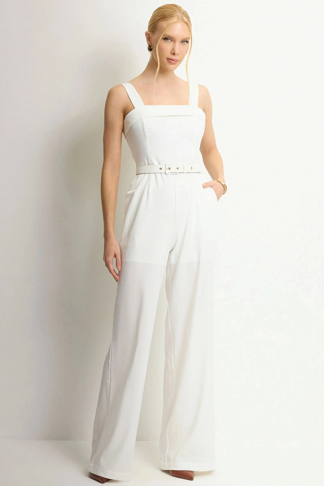 Miss Misses - Macacão Wide Leg Kesia Alfaiataria Com Cinto Off White - 54634030