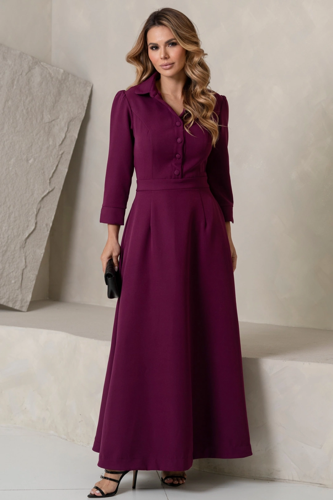 Miss Misses - Vestido Midi Rodado Magnólia com Manga e Gola Uva - 54805203