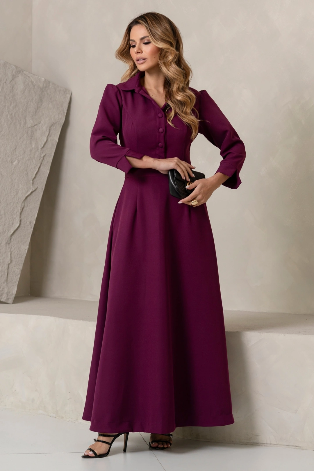 Miss Misses - Vestido Midi Rodado Magnólia com Manga e Gola Uva - 54805203