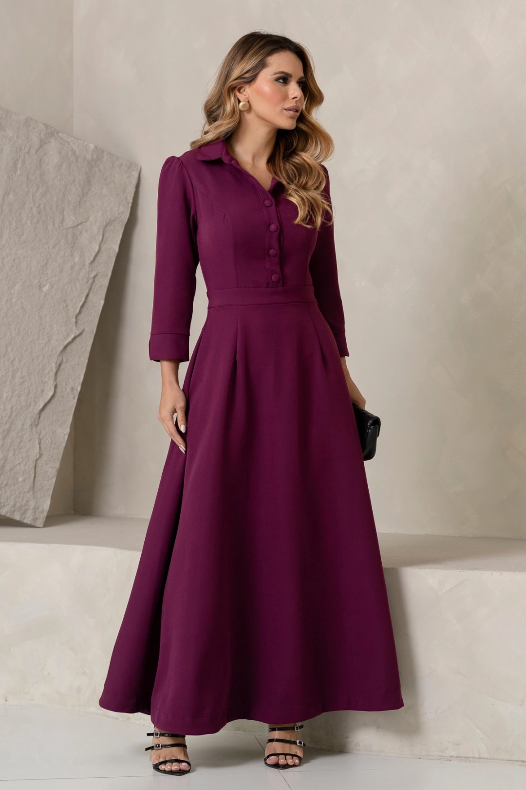 Miss Misses - Vestido Midi Rodado Magnólia com Manga e Gola Uva - 54805203