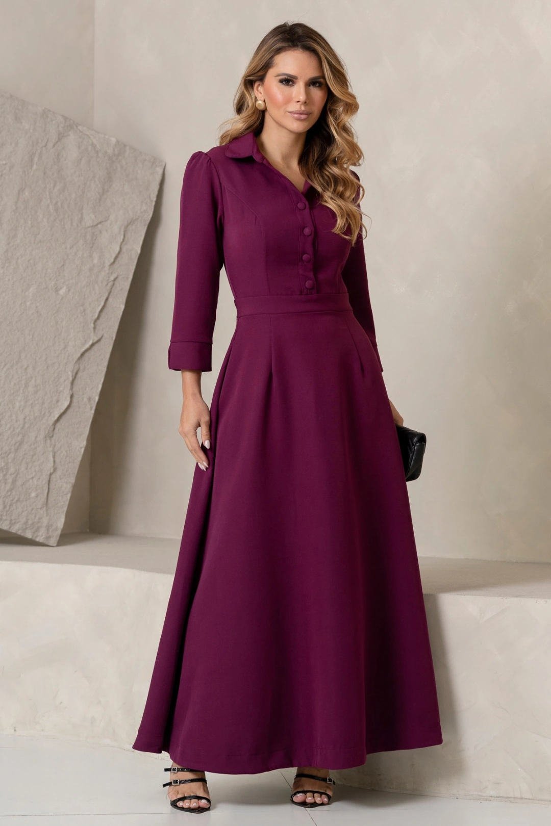 Miss Misses - Vestido Midi Rodado Magnólia com Manga e Gola Uva - 54805203