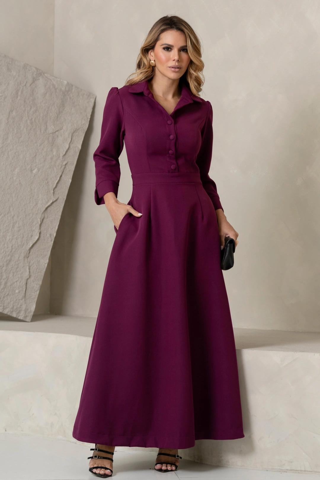Miss Misses - Vestido Midi Rodado Magnólia com Manga e Gola Uva - 54805203
