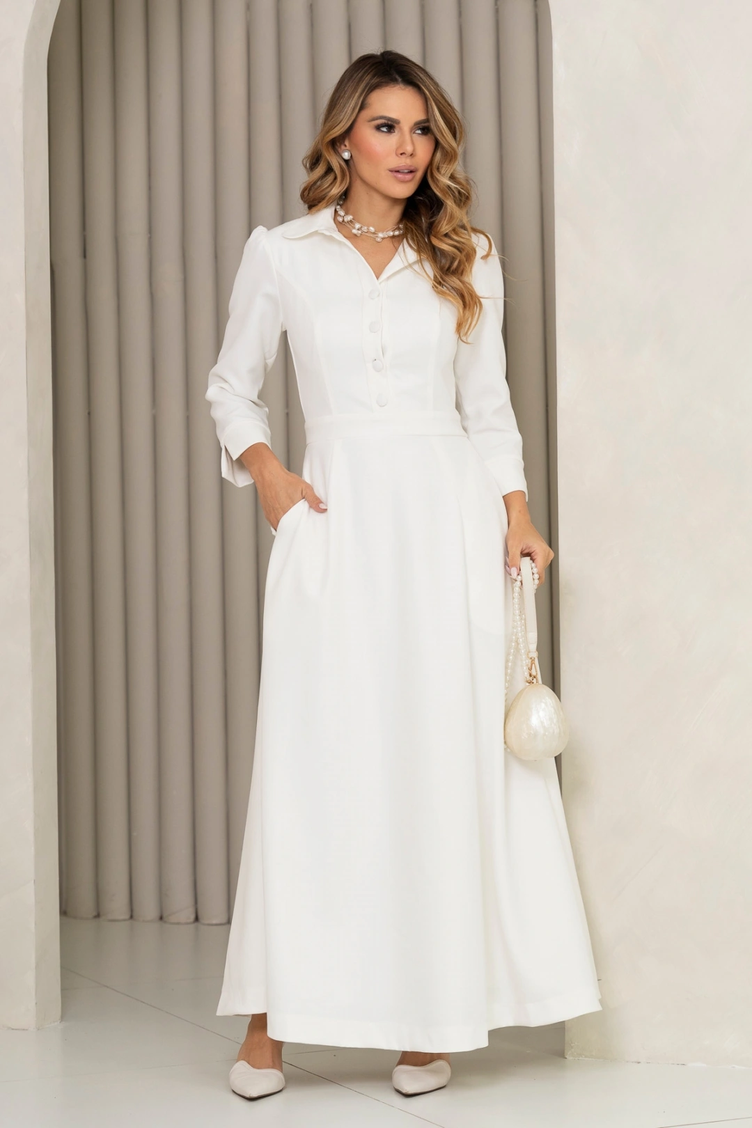 Miss Misses - Vestido Midi Rodado Magnólia com Manga e Gola Offwhite - 54805030