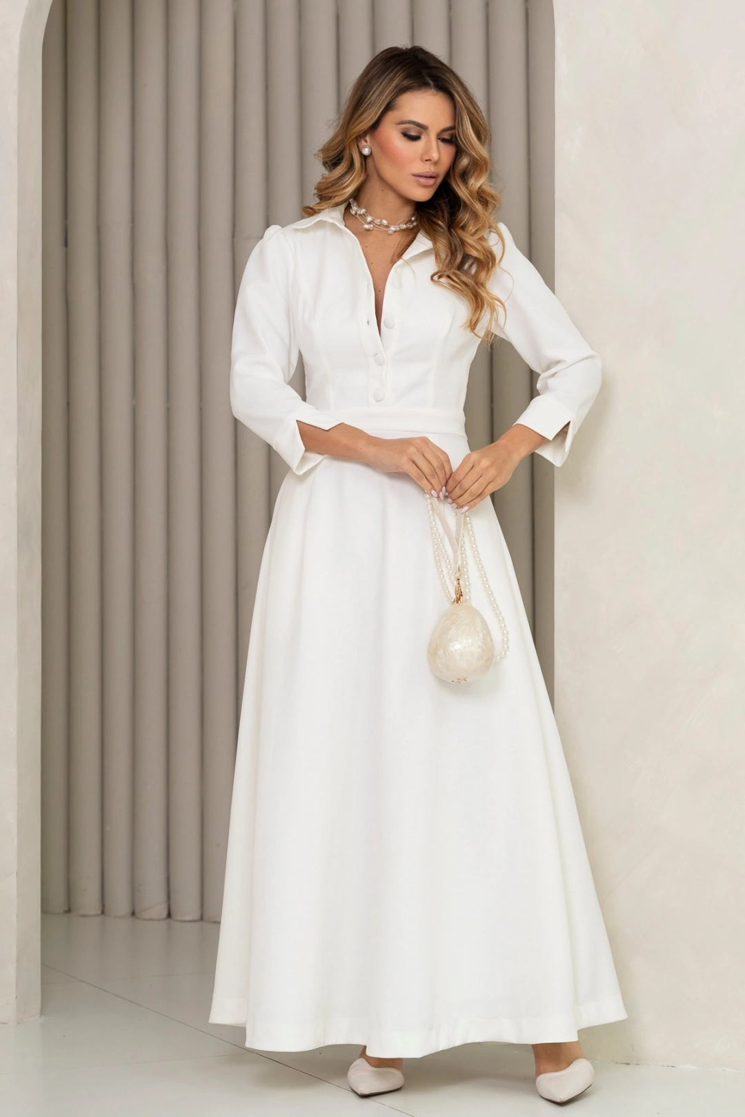 Miss Misses - Vestido Midi Rodado Magnólia com Manga e Gola Offwhite - 54805030