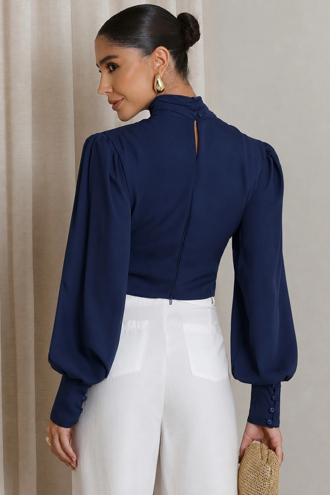 Miss Misses - Blusa Siena Cropped Miss Misses Manga Longa Chiffon Azul Marinho - 80524004